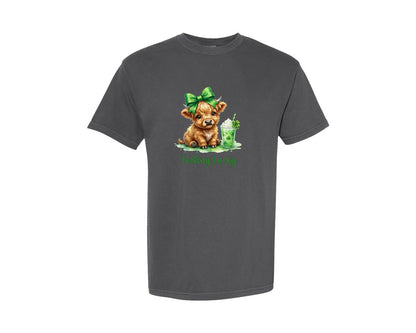 brand:Comfort Colors|color:Pepper|Feeling Lucky Highland Cow Graphic T-Shirt