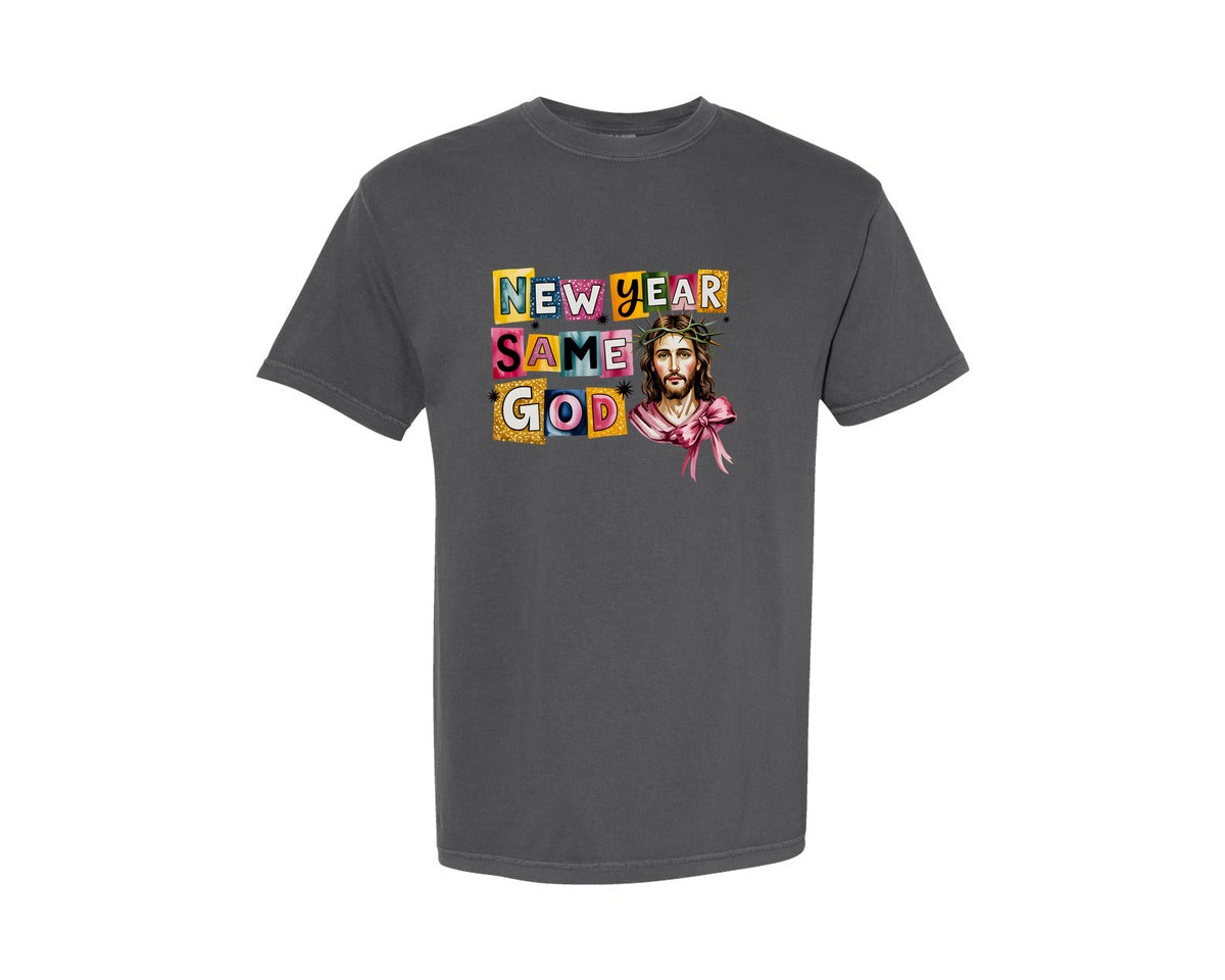 brand:Comfort Colors|color:Pepper|New Year Same God Retro Christian Graphic T-Shirt
