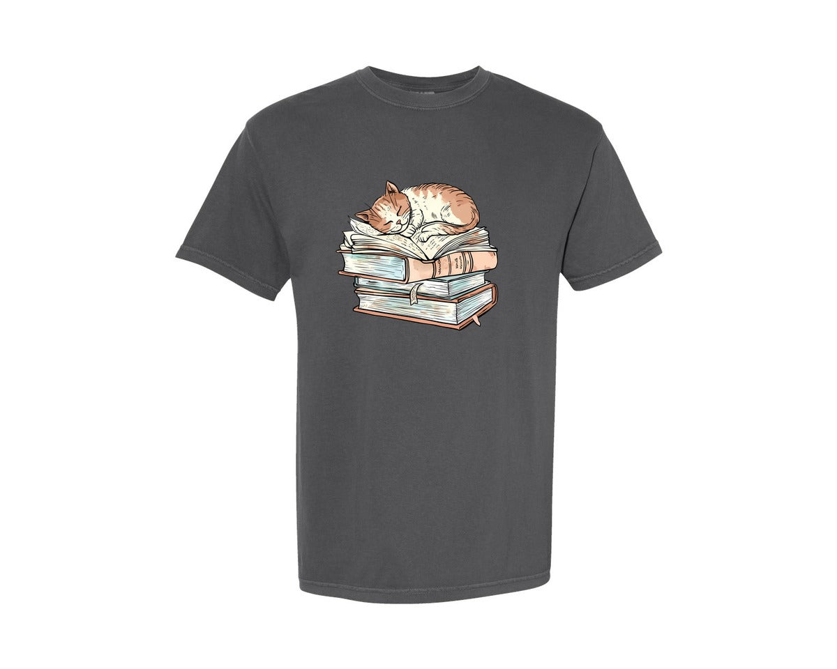 brand:Comfort Colors|color:Pepper|Cat On Books Sleeping Cat Graphic T-Shirt