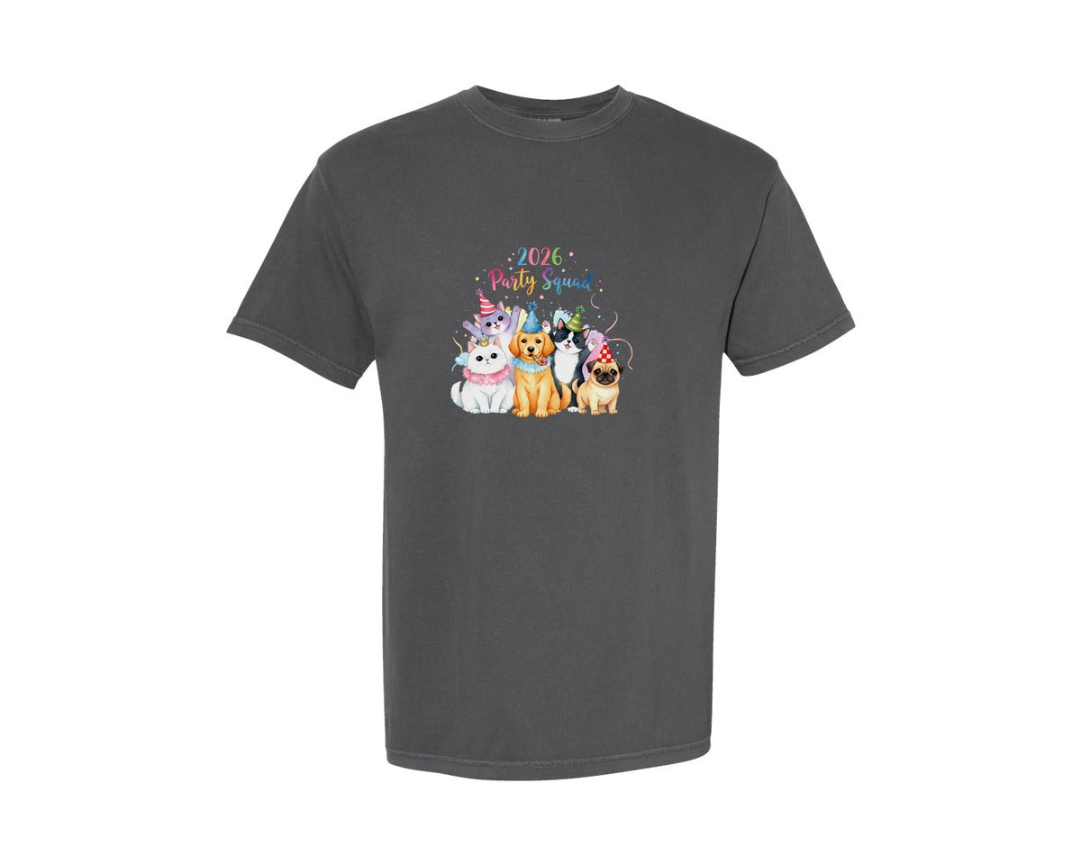 brand:Comfort Colors|color:Pepper|2026 Party Squad Cats Dogs Birthday Graphic T-Shirt