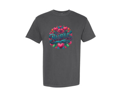 brand:Comfort Colors|color:Pepper|Nurse Hospital Carer Medic Hearts Graphic T-Shirt