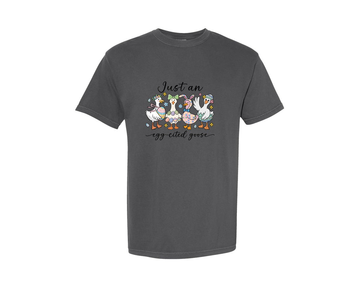 brand:Comfort Colors|color:Pepper|Just An Egg Cited Goose Easter Graphic T-Shirt