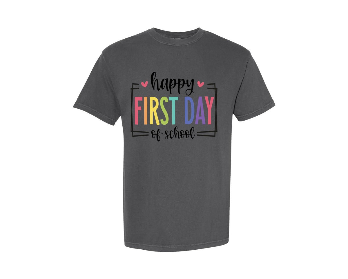 brand:Comfort Colors|color:Pepper|Happy First Day Of School 73 Graphic T-Shirt
