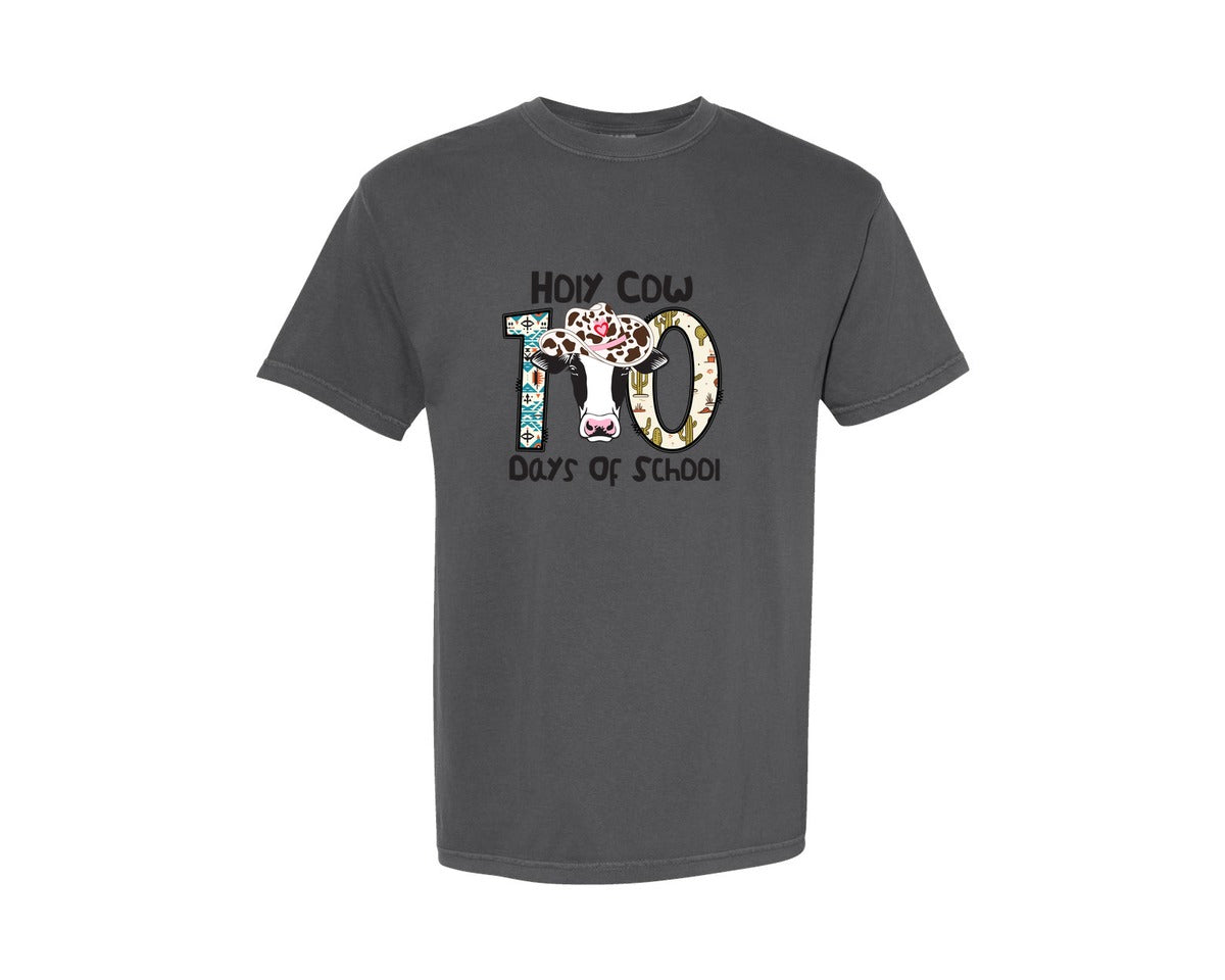 brand:Comfort Colors|color:Pepper|Holy Cow 100 Days Of School 100Th Graphic T-Shirt