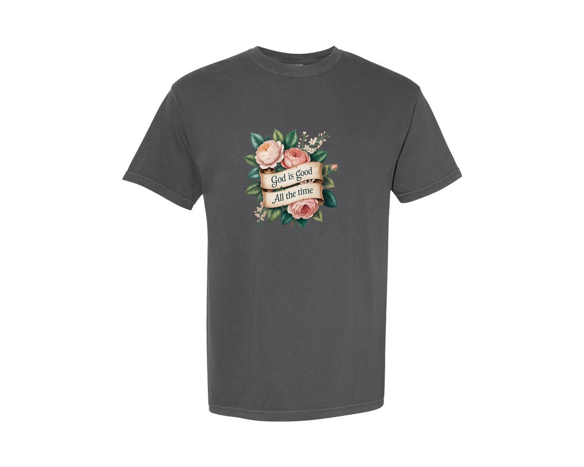 brand:Comfort Colors|color:Pepper|God Is Good Vintage Rose Graphic T-Shirt