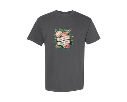 brand:Comfort Colors|color:Pepper|God Is Good Vintage Rose Graphic T-Shirt