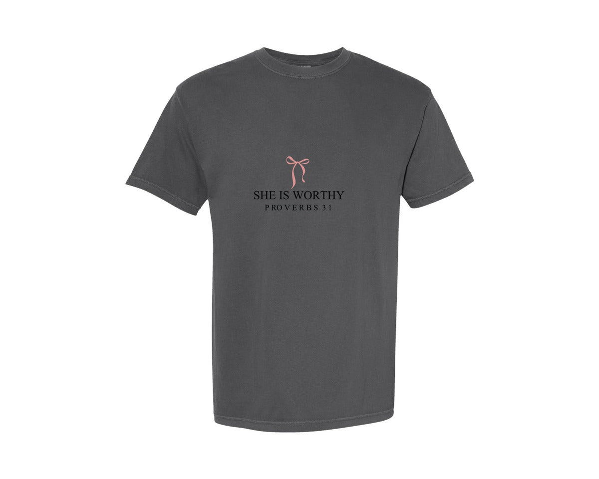 brand:Comfort Colors|color:Pepper|She Is Worthy Bow Worthy Bow Graphic T-Shirt