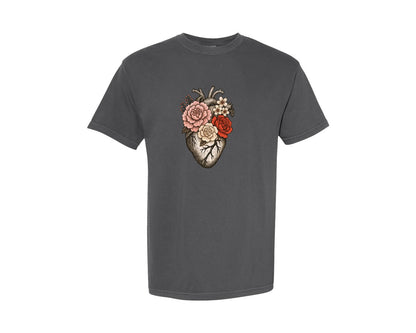 brand:Comfort Colors|color:Pepper|Anatomical Heart Floral Heart Graphic T-Shirt