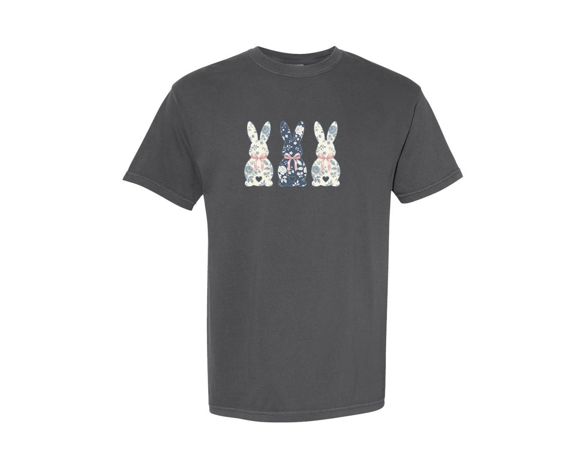 brand:Comfort Colors|color:Pepper|Floral Easter Bunny Bow Graphic T-Shirt