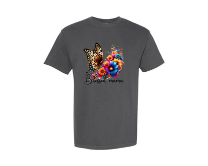 brand:Comfort Colors|color:Pepper|Blessed Mama Butterfly Floral Graphic T-Shirt