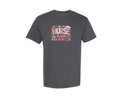 brand:Comfort Colors|color:Pepper|Valentines Day Nurse Coquette Bow Graphic T-Shirt