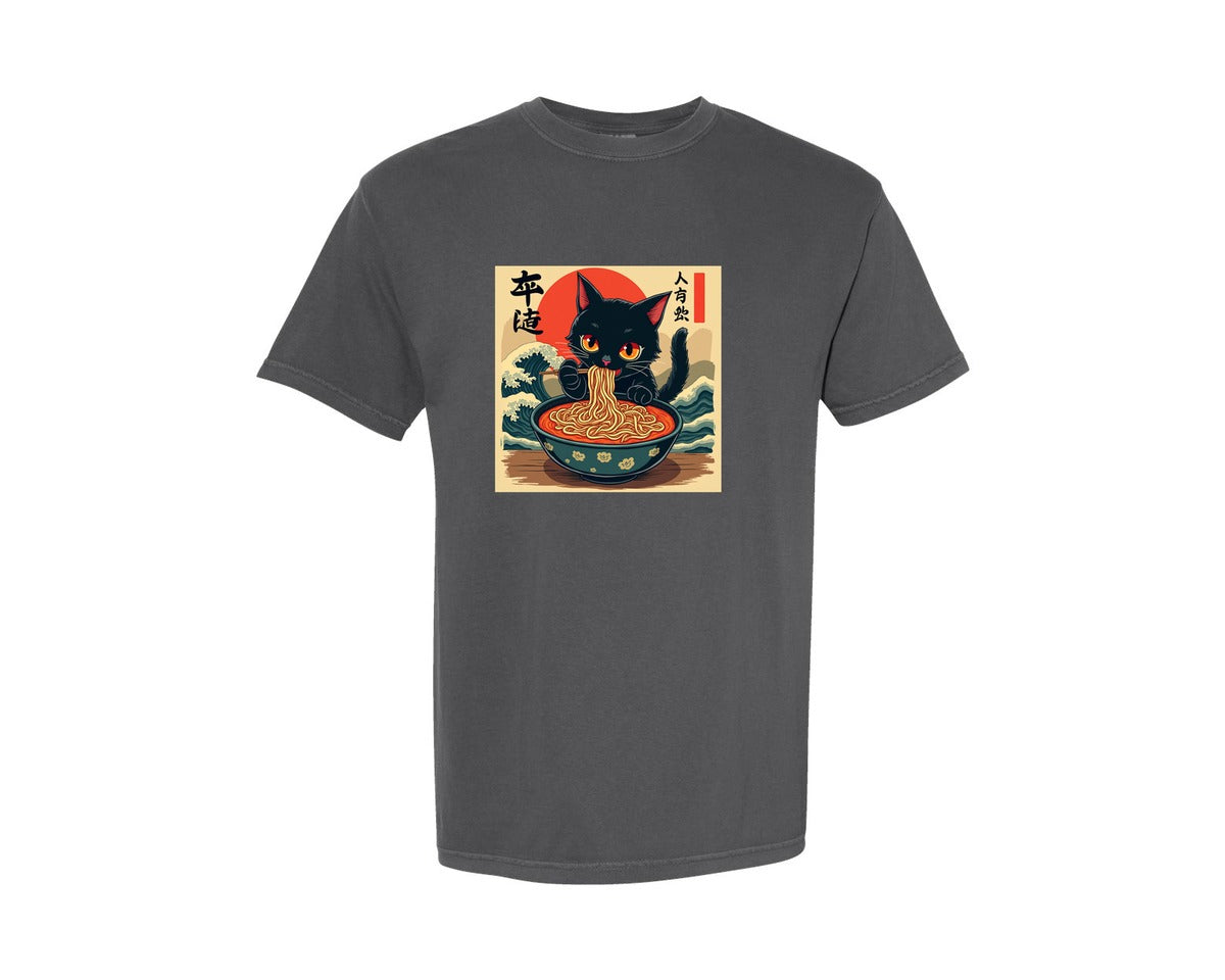 brand:Comfort Colors|color:Pepper|Cat Ramen Japanese Funny T Shirt Graphic T-Shirt
