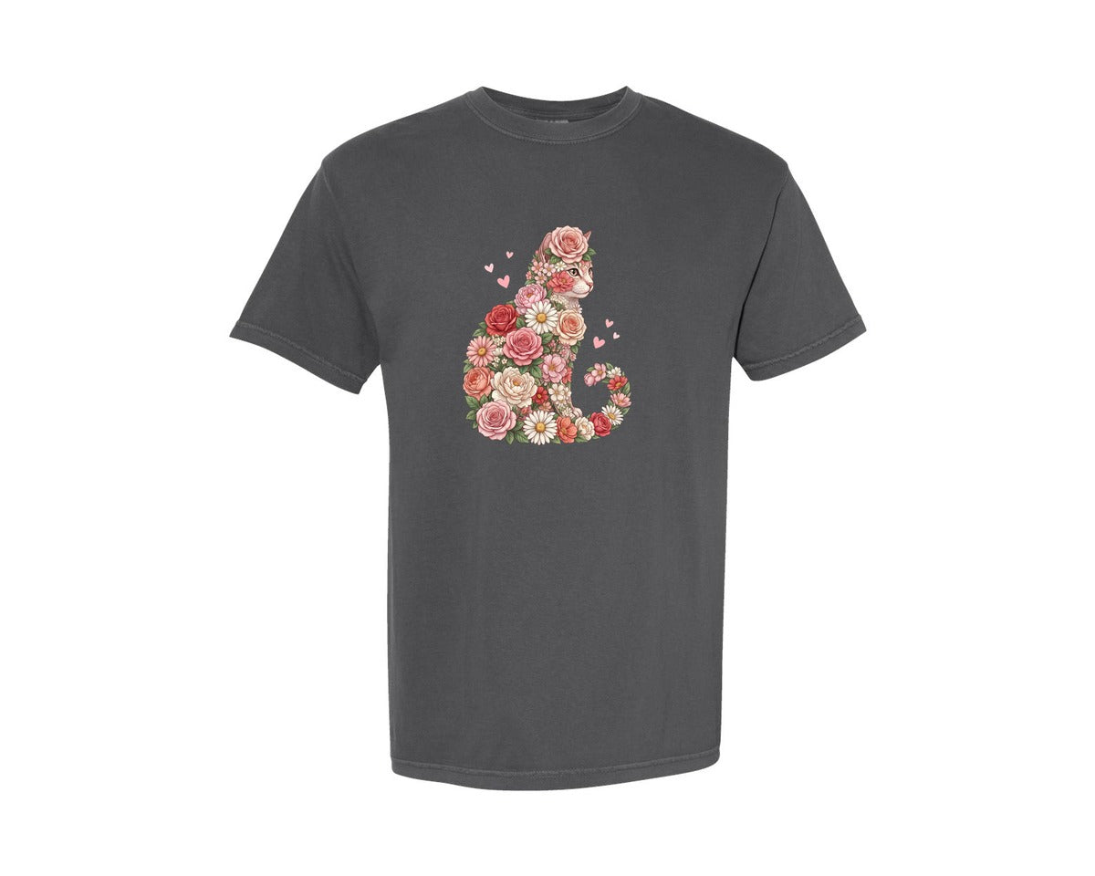 brand:Comfort Colors|color:Pepper|Floral Cat Illustration Rosesflower Graphic T-Shirt