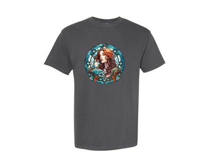 brand:Comfort Colors|color:Pepper|Stained Glass Pisces Queen Graphic T-Shirt