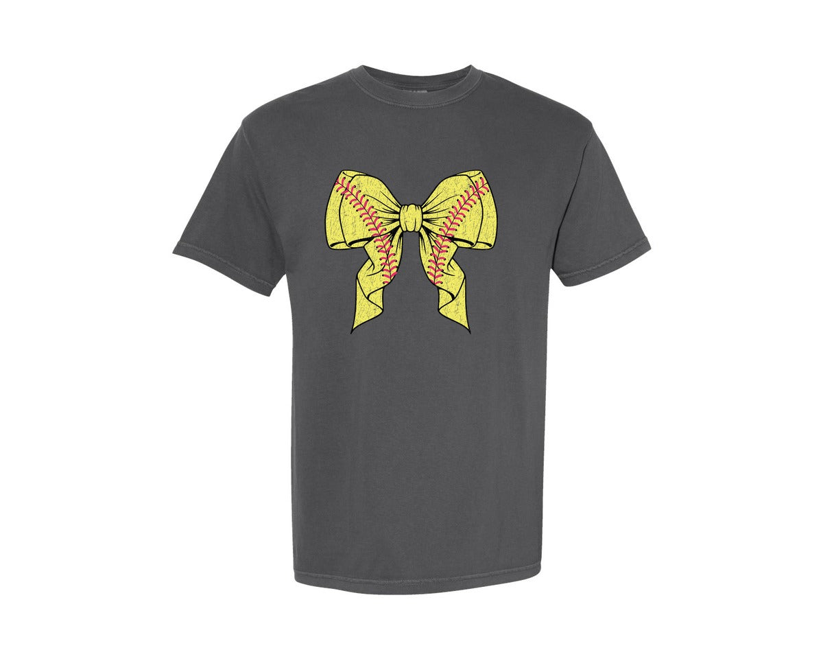 brand:Comfort Colors|color:Pepper|Coquette Softball Distressed Pink Bow Graphic T-Shirt