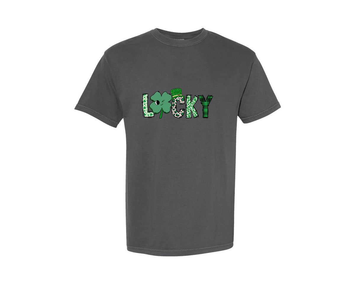brand:Comfort Colors|color:Pepper|Lucky Patchwork Clover Graphic T-Shirt
