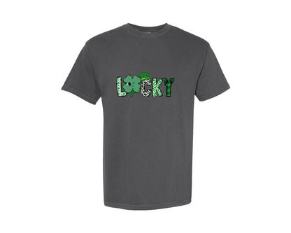 brand:Comfort Colors|color:Pepper|Lucky Patchwork Clover Graphic T-Shirt
