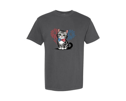 brand:Comfort Colors|color:Pepper|Patriotic Cat Bow Tie Fireworks 2 Graphic T-Shirt