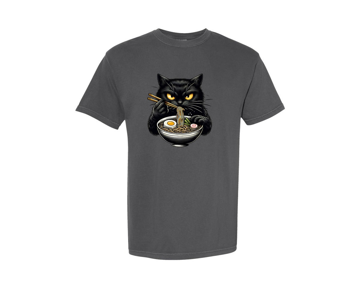 brand:Comfort Colors|color:Pepper|Cute Black Cat Eating Ramen Noodle 3 Graphic T-Shirt