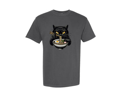 brand:Comfort Colors|color:Pepper|Cute Black Cat Eating Ramen Noodle 3 Graphic T-Shirt