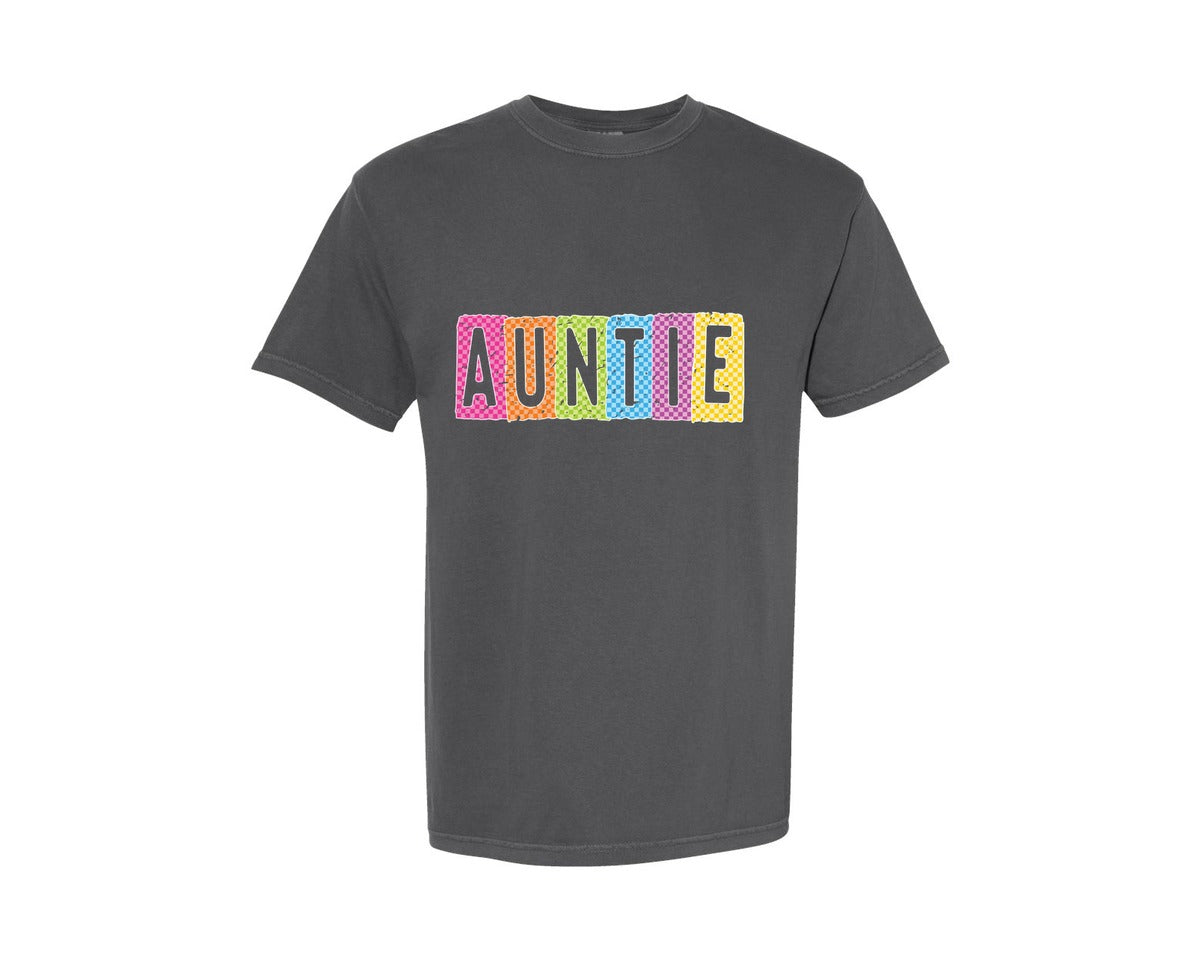 brand:Comfort Colors|color:Pepper|Neon Auntie Retro Checkered Aunt Graphic T-Shirt
