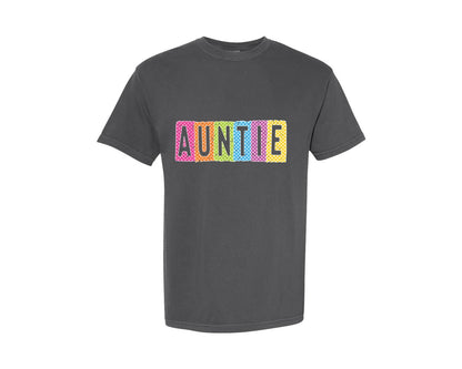 brand:Comfort Colors|color:Pepper|Neon Auntie Retro Checkered Aunt Graphic T-Shirt