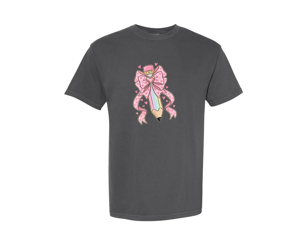 brand:Comfort Colors|color:Pepper|Cute Pencil With Heart Bow Valentine Graphic T-Shirt