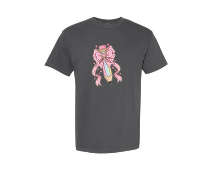 brand:Comfort Colors|color:Pepper|Cute Pencil With Heart Bow Valentine Graphic T-Shirt