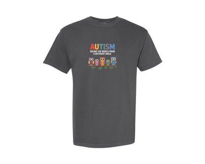 brand:Comfort Colors|color:Pepper|Autism Different Angle Owls Graphic T-Shirt