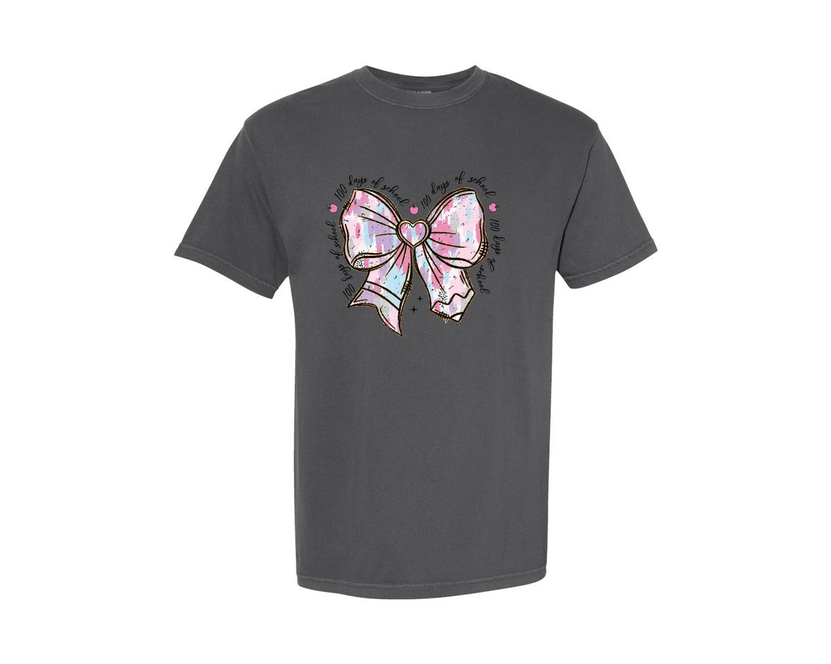 brand:Comfort Colors|color:Pepper|100 Day Of School Pencil Bow Brushstroke Graphic T-Shirt