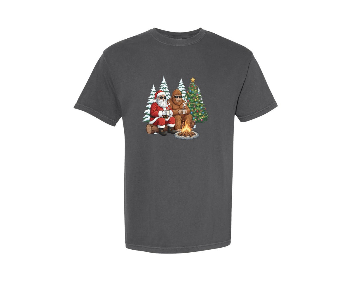brand:Comfort Colors|color:Pepper|Retro Santa And Bigfoot Christmas Graphic T-Shirt