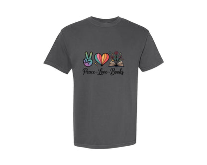 brand:Comfort Colors|color:Pepper|Peace Heart Books Graphic T-Shirt