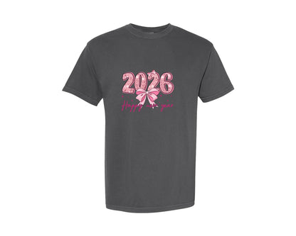 brand:Comfort Colors|color:Pepper|Happy New Year 2026 Pink Glitter Graphic T-Shirt