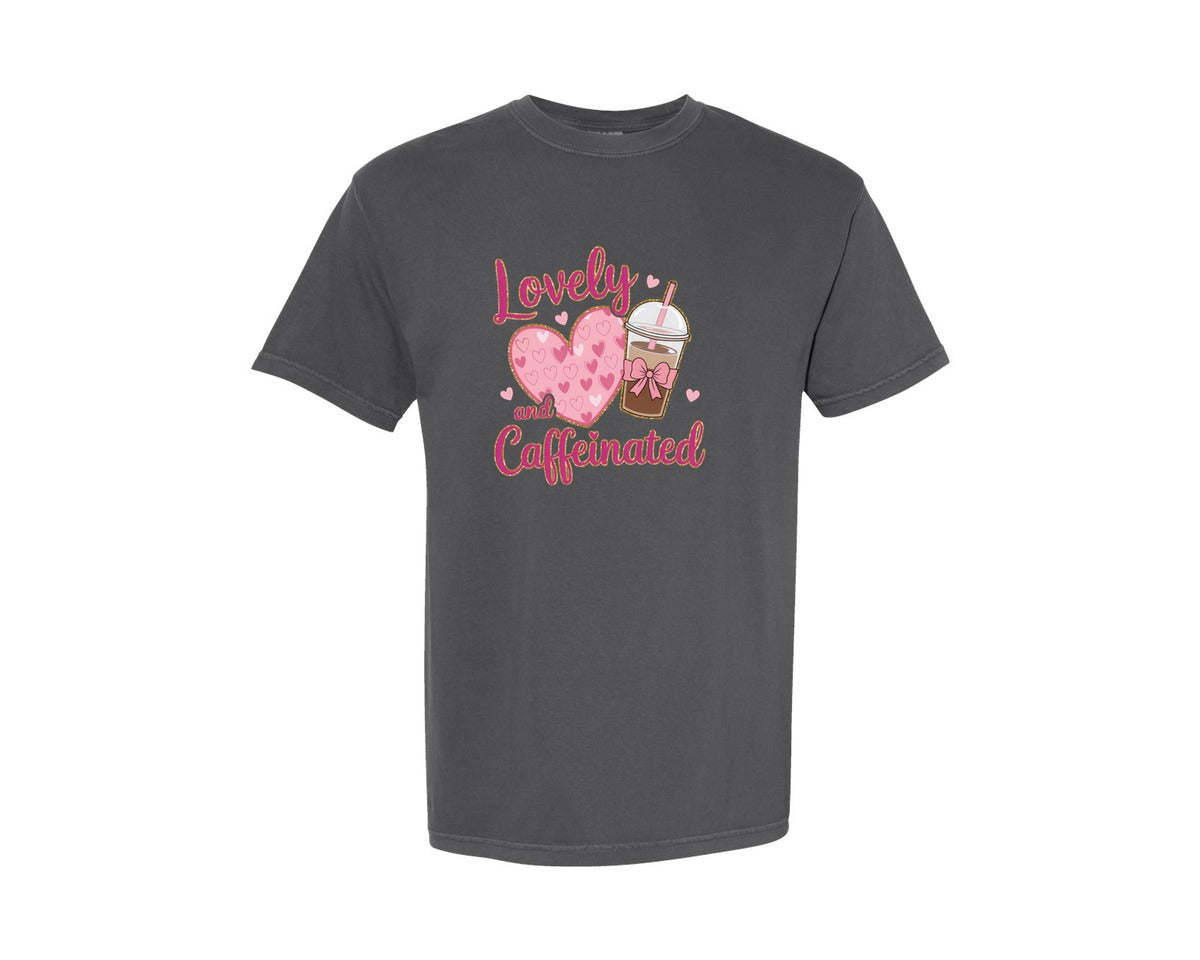 brand:Comfort Colors|color:Pepper|Lovely And Caffeinated Coffee Heart Graphic T-Shirt