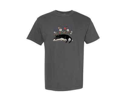 brand:Comfort Colors|color:Pepper|Black Cat With Book And Wildflowers Graphic T-Shirt
