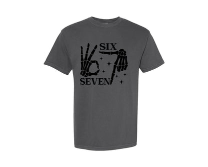 brand:Comfort Colors|color:Pepper|Six Seven 6 7 Meme Funny Skeleton Hands 3 Graphic T-Shirt
