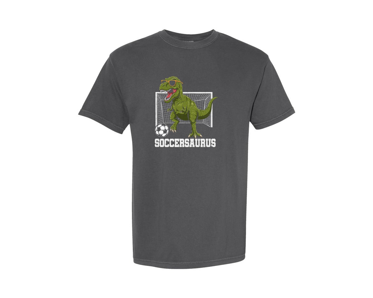 brand:Comfort Colors|color:Pepper|T Rex Playing Soccer T Shirt Graphic T-Shirt