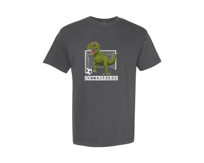 brand:Comfort Colors|color:Pepper|T Rex Playing Soccer T Shirt Graphic T-Shirt