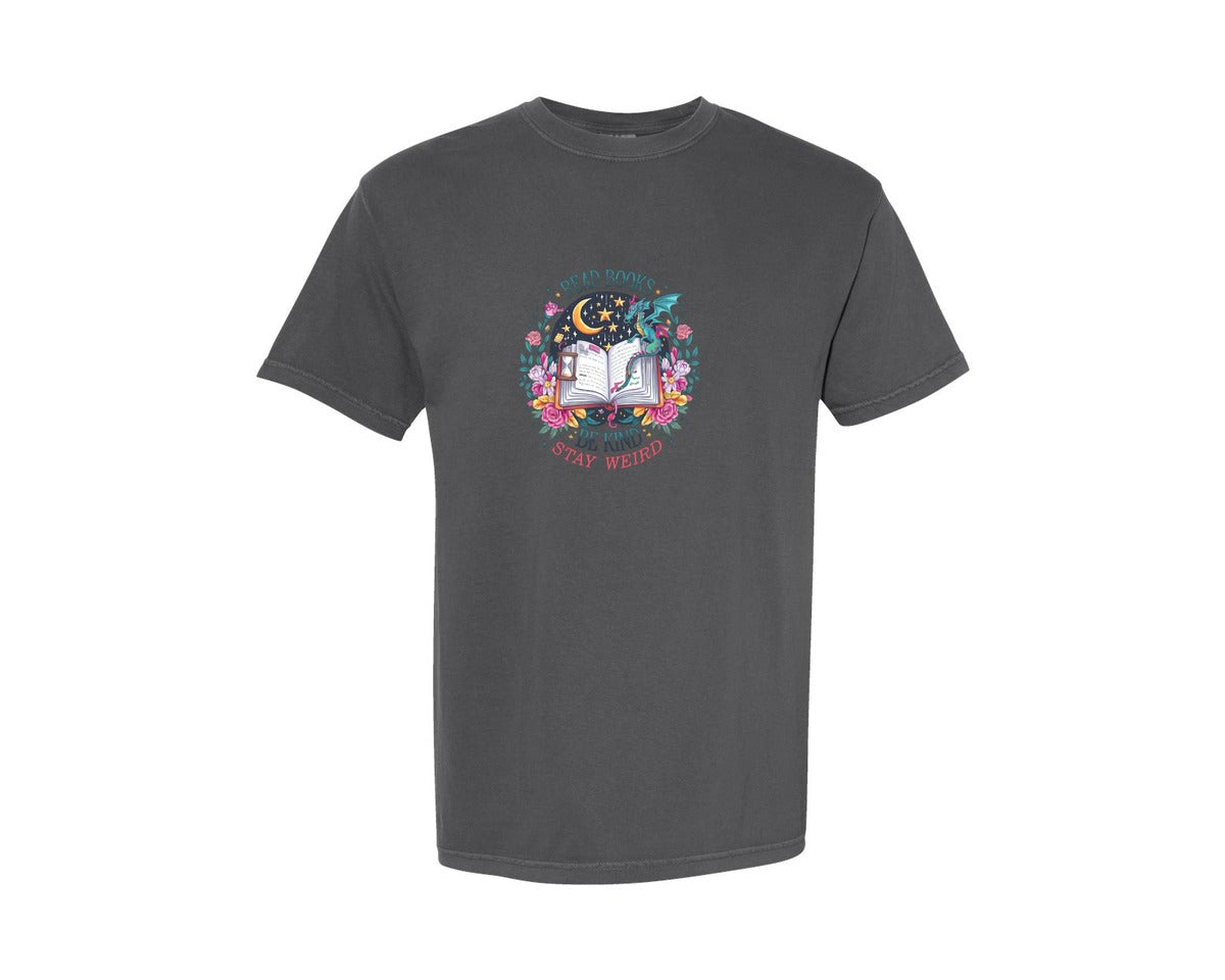 brand:Comfort Colors|color:Pepper|Read Books Be Kind Whimsical Dragon 3 Graphic T-Shirt