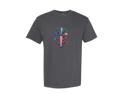 brand:Comfort Colors|color:Pepper|America Needs Jesus Usa Flag Cross Graphic T-Shirt