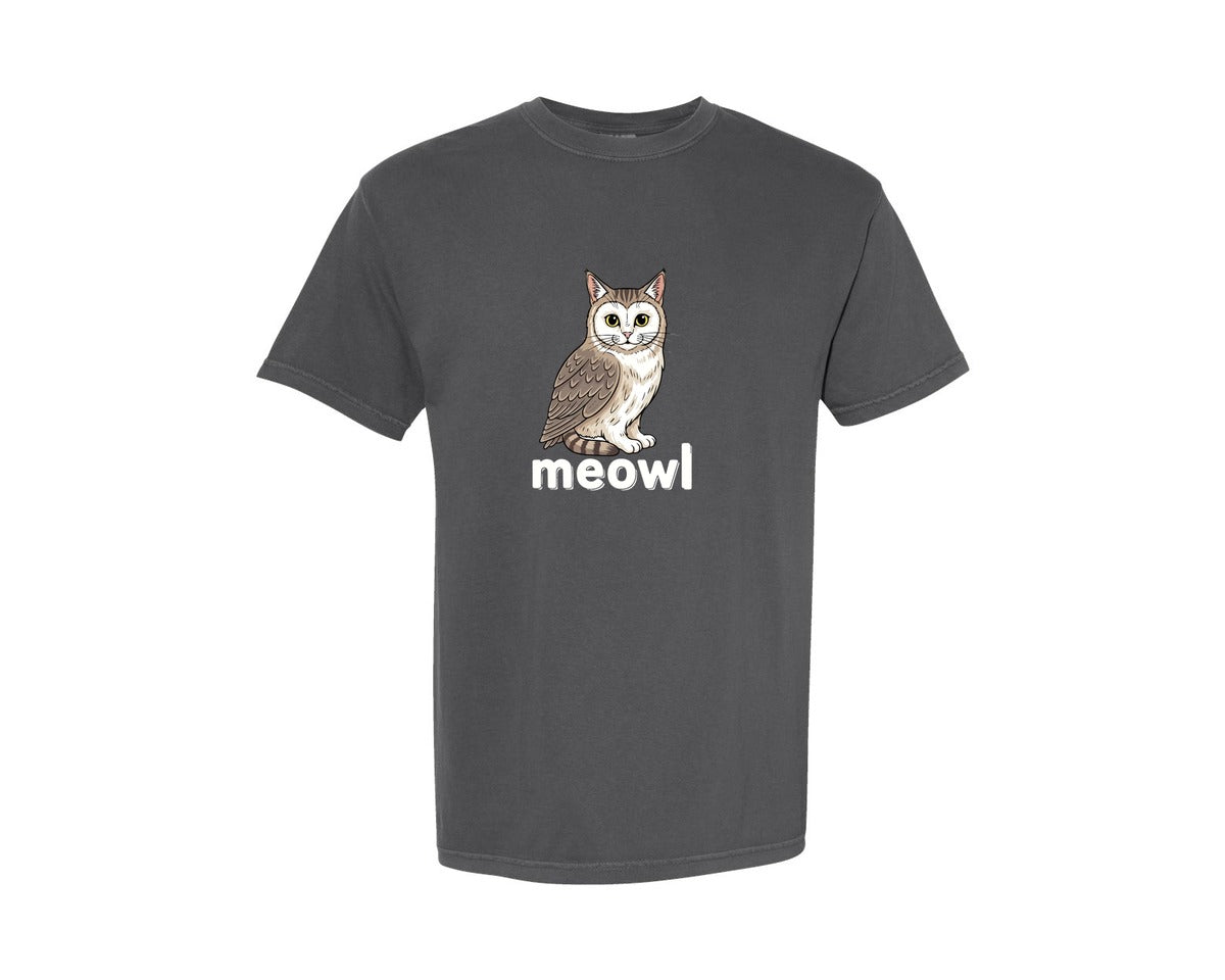 brand:Comfort Colors|color:Pepper|Cat Owl Meowl Funny Meme T Shirt Design Graphic T-Shirt