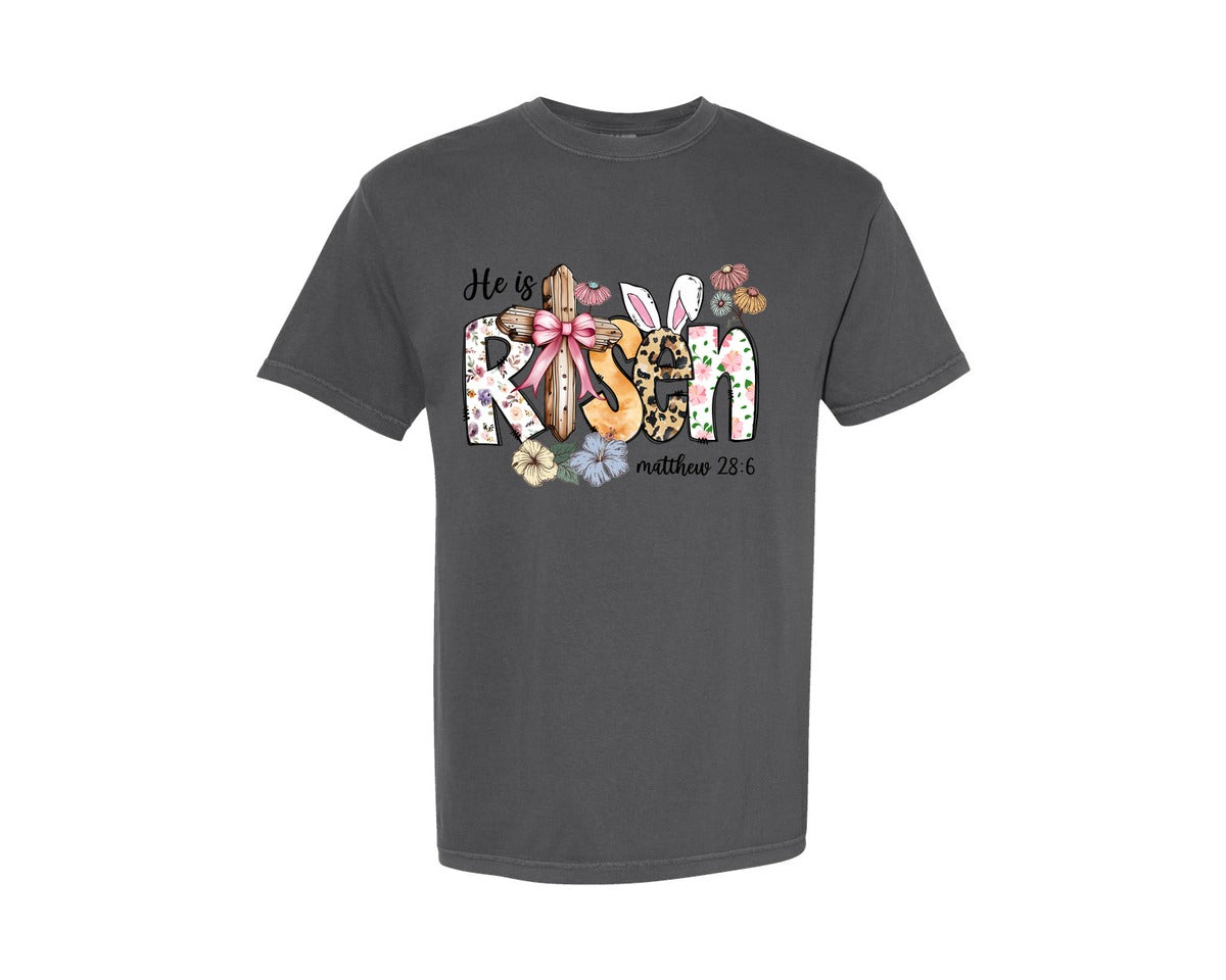 brand:Comfort Colors|color:Pepper|He Is Risen Easter Vibes Cross Flowers Graphic T-Shirt