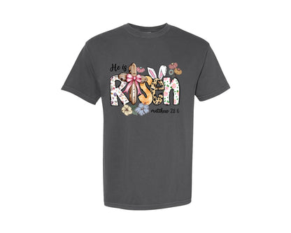brand:Comfort Colors|color:Pepper|He Is Risen Easter Vibes Cross Flowers Graphic T-Shirt