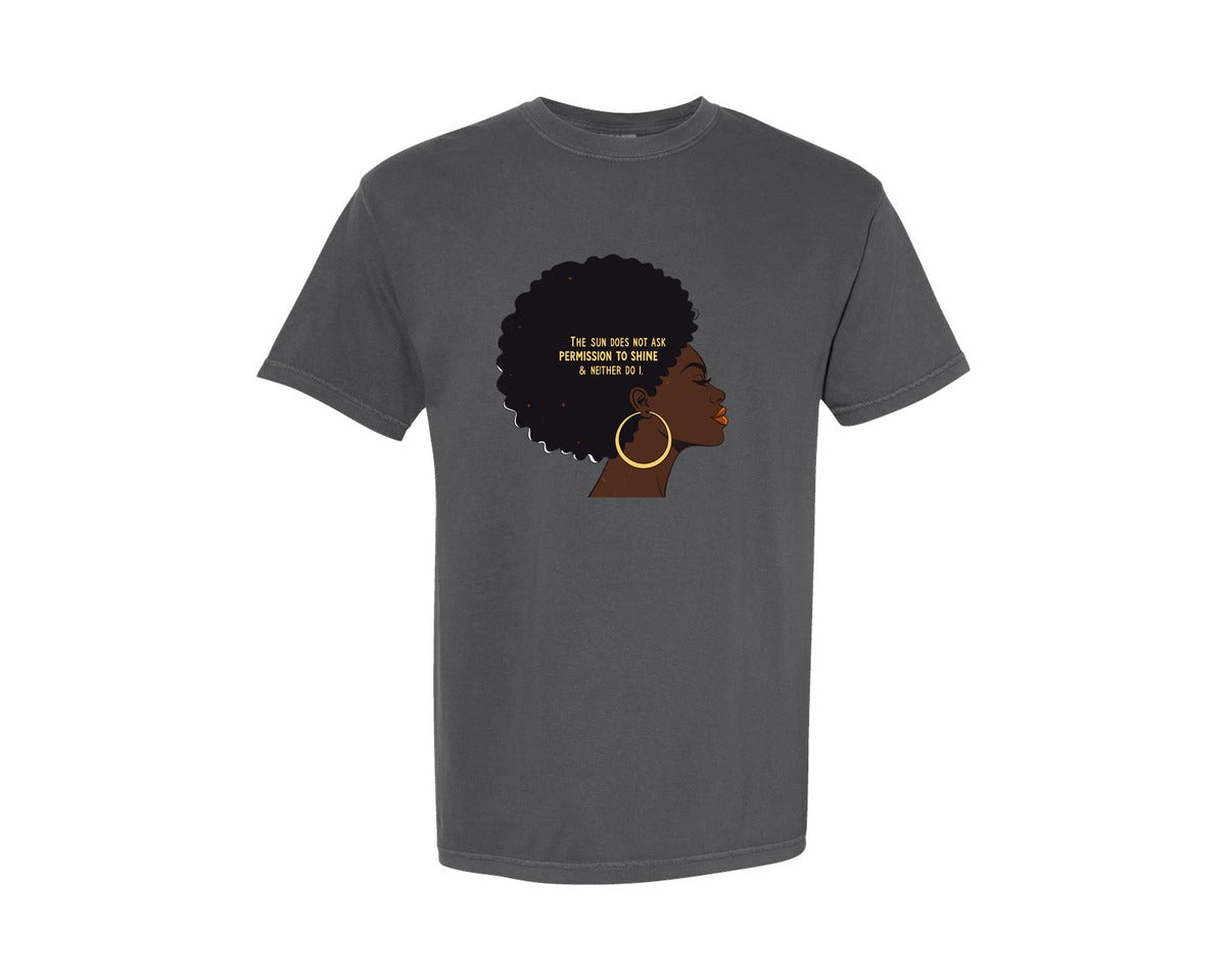 brand:Comfort Colors|color:Pepper|Afro Woman The Sun Does Not Ask Graphic T-Shirt