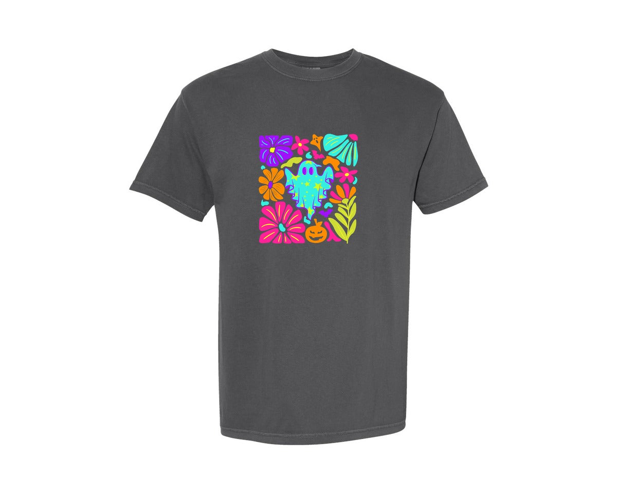 brand:Comfort Colors|color:Pepper|Neon Halloween Floral Ghost Graphic T-Shirt