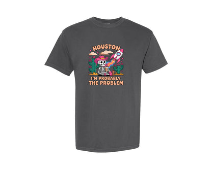brand:Comfort Colors|color:Pepper|Houston Cute Skeleton Rocket Design Graphic T-Shirt