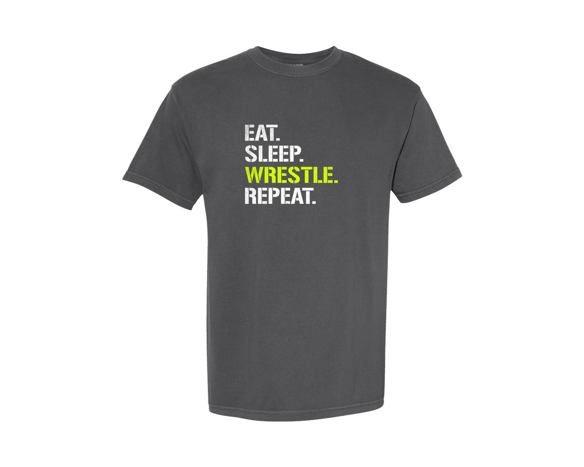 brand:Comfort Colors|color:Pepper|Eat Sleep Wrestle Repeat Wrestling Shirt Graphic T-Shirt