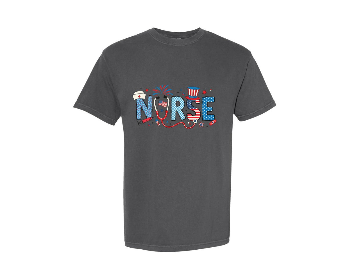 brand:Comfort Colors|color:Pepper|4Th Of July Nurse Retro Usa Nurse Graphic T-Shirt