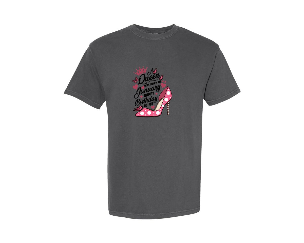 brand:Comfort Colors|color:Pepper|A Queen Was Born In January Pink Heels Graphic T-Shirt