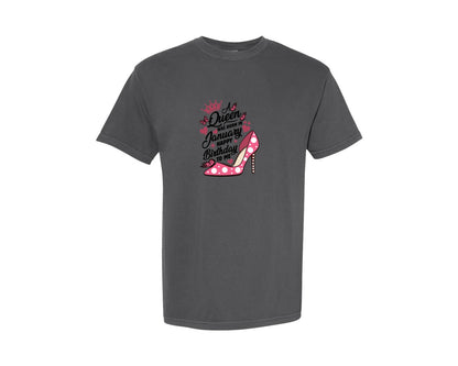 brand:Comfort Colors|color:Pepper|A Queen Was Born In January Pink Heels Graphic T-Shirt